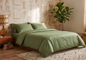 Moss Green Handwoven Organic Cotton Double Duvet Cover in Bedroom