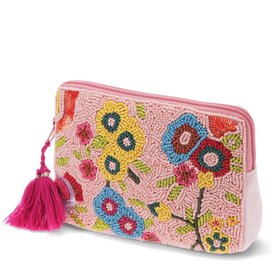 Handcrafted beaded flowers cosmetics bag