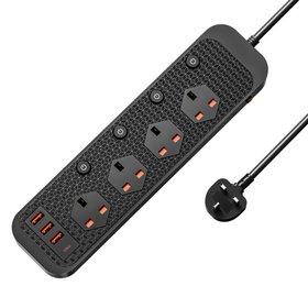 2M Extension Lead with USB Ports – Surge Protected Power Strip, 2M Cable, Black