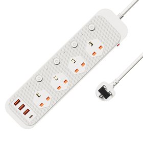 2M Extension Lead with USB Ports – Surge Protected Power Strip, 2M Cable, White