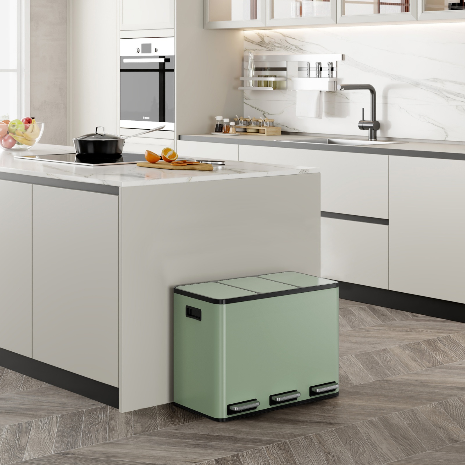 Matte Sage Green Triple Bin - 45L