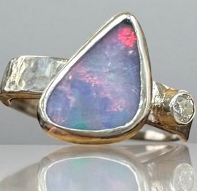 Handcrafted Sterling Silver Ring with Australian Opal & White Moissanite