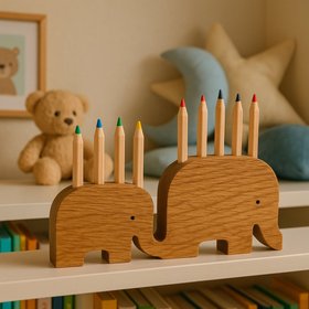 Edgar and Son – Handmade Oak Elephant Pencil Holder with Coloured Pencils