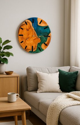 Handmade Yew Wall Clock with Jungle Green & Cobalt Blue Resin – 285mm