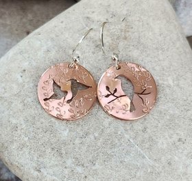 Bird earrings pierced in textured copper