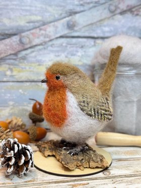 Handmade Felted Robin with Genuine Harris Tweed Wings — British Wool Bird Sculpture