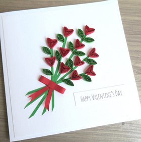 Happy Valentine’s Day card, handmade with quilled heart bouquet