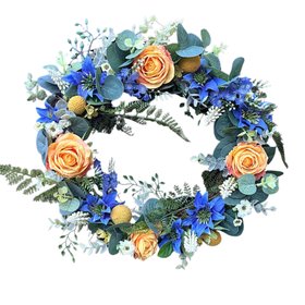 Summer wreath with blue and yellow flowers