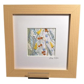 Framed textile art – “Spring Flowers” – 10″ square – light cotton fabrics