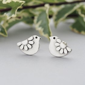 Folk Art Daisy Bird Stud Earrings