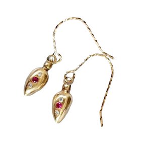 Hand Carved 9ct Gold Drop Earrings Lab Diamond & Ruby