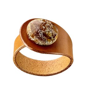 Natural Lichen Moss Agate Leather Bracelet Cuff