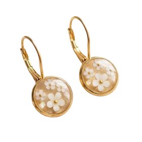 Gold Plated White Flower Detailed Leverback Earrings