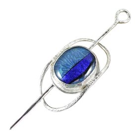 Silver Shawl Pin With Blue Shimmer Dichroic Glass