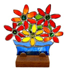Stained Glass Vase Of Red Flowers On Oak Wood Stand