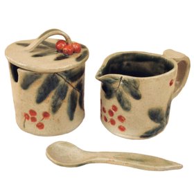 Rustic Milk Jug And Sugar Pot With Rowan Leaves And Berries