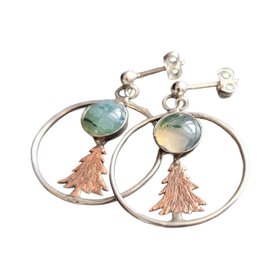 Moss Agate Sterling Silver And Copper Fir Tree Earrings