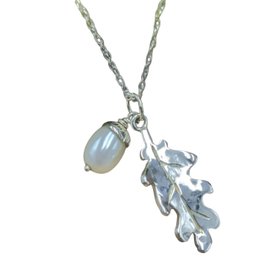 Handmade Silver Oak Leaf Pendant With Pearl Acorn