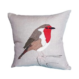 Applique Robin Cushion On Natural Linen