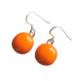 Bright Orange Dangly Earrings Fused Glass Sterling Silver