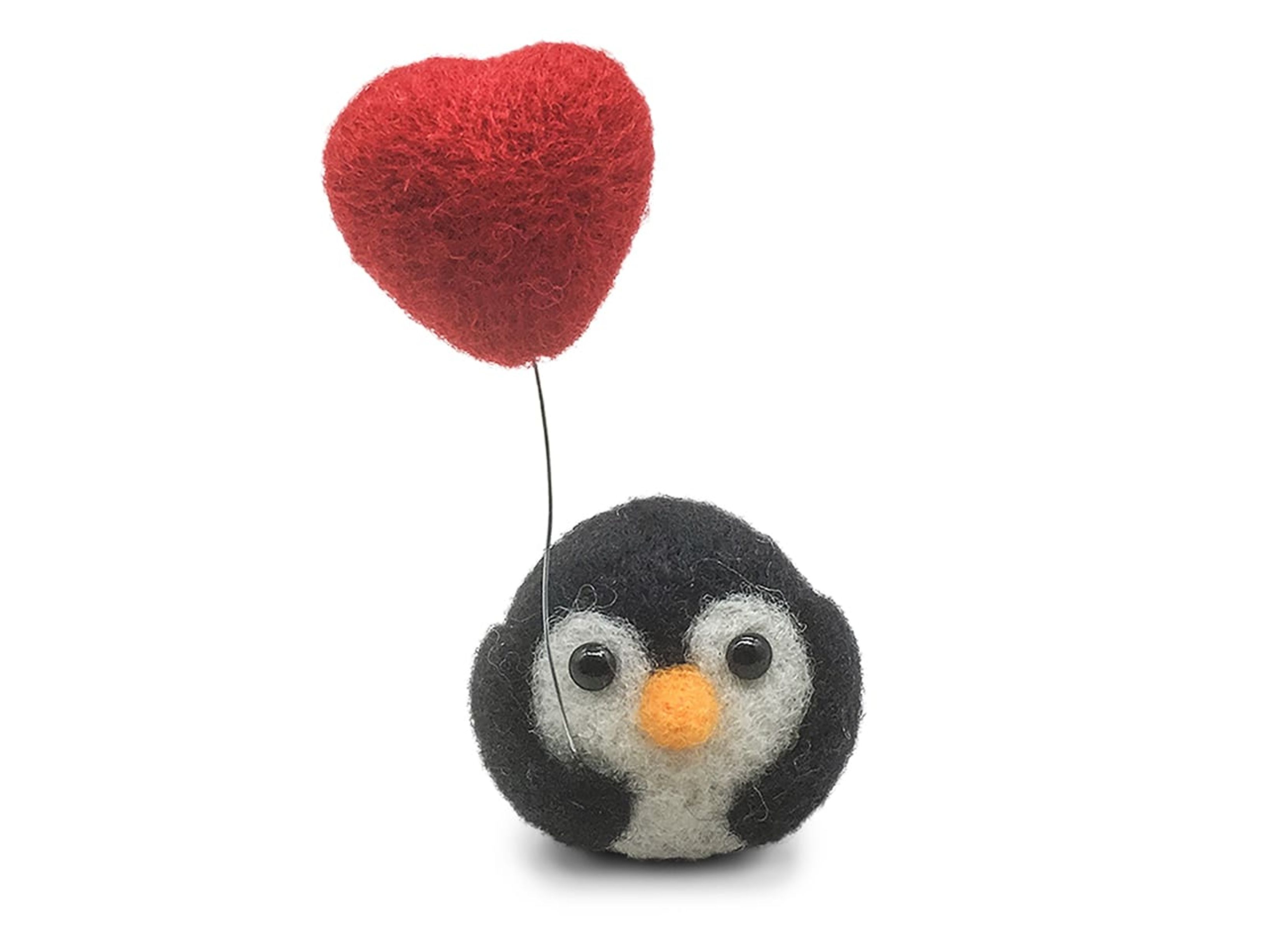 Needle felted penguin with heart balloon