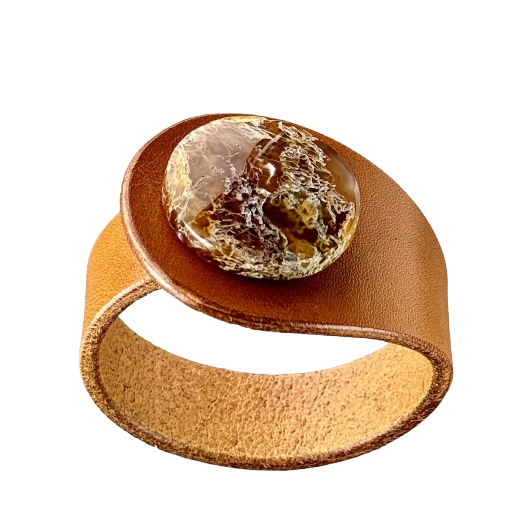 Natural Lichen Moss Agate Leather Bracelet Cuff