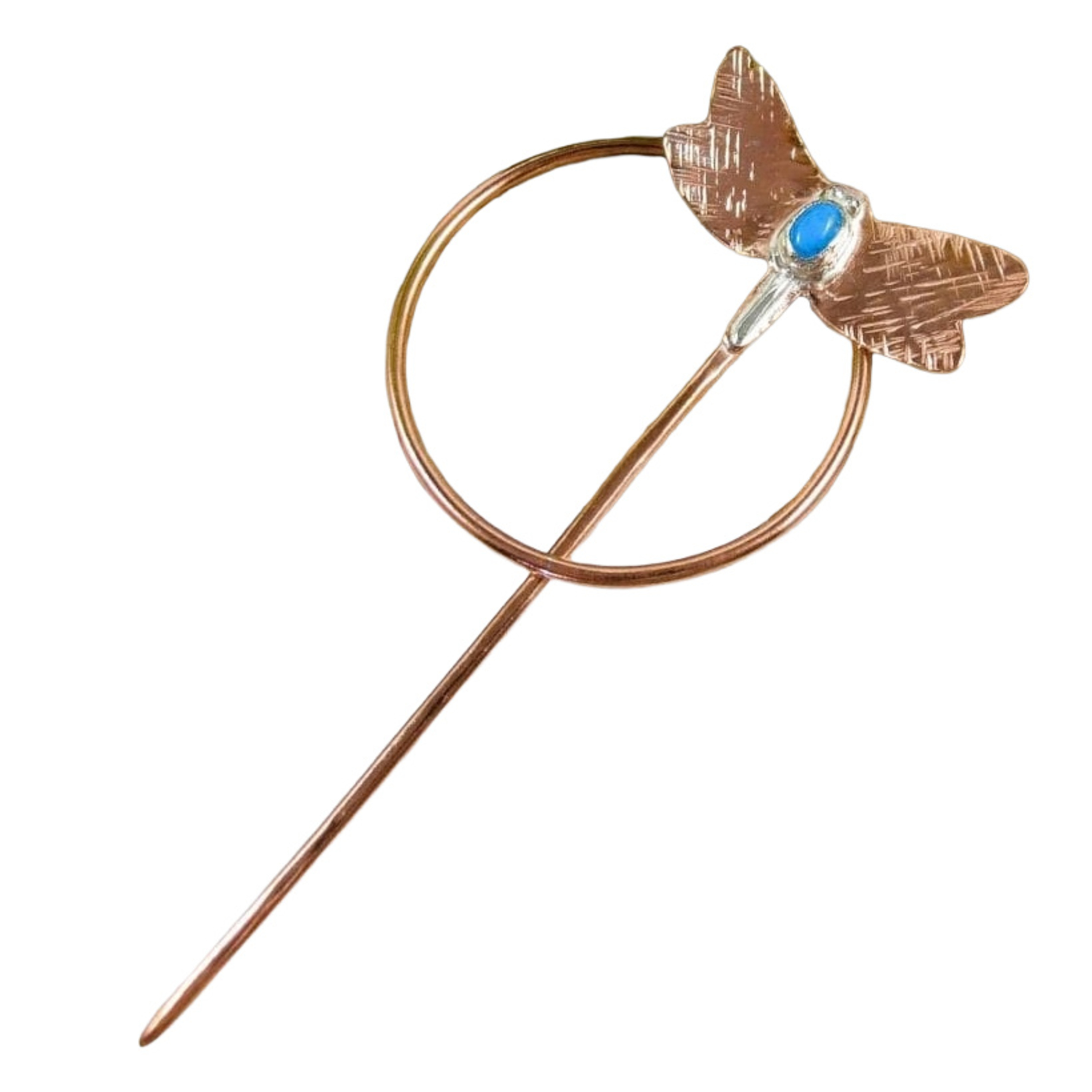 Hand Crafted Dragonfly Shawl Pin In Copper, Sterling Silver And Turquoise