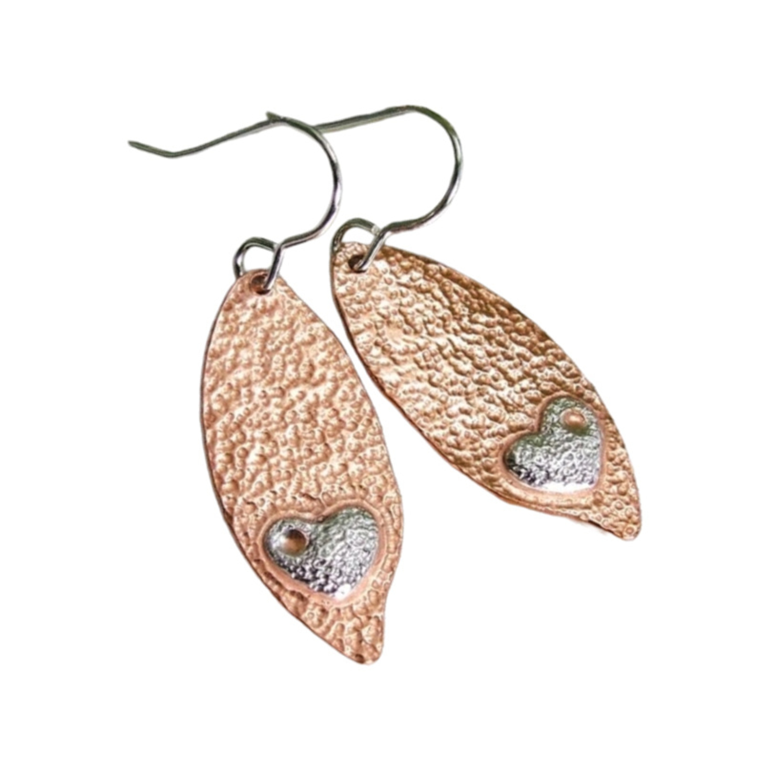 Handmade Leaf Earrings In Copper With Sterling Silver Heart