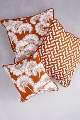 Florence Broadhurst Cotton Cushions - Japanese Floral and Small Zig Zag in Burnt Orange