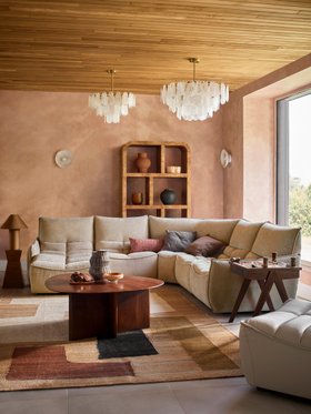 Sofology, Santoro 2 Corner 2 Seater Chaise In Cosy Sherpa Wicker, £4299 And Chair In Trusty Grain Leather Stone, £1399 Launch Price Until 02.09