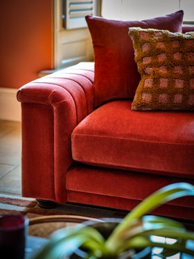 Sofology, Regency 2 Seater In Chenille Deep Coral, £1699 And Footstool In Regency Geometric Designer Fabric Sky And Copper, £449