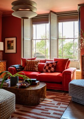 Sofology, Regency 2 Seater In Chenille Deep Coral, £1699 And Footstool In Regency Geometric Designer Fabric Sky And Copper, £449