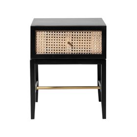 Swoon | Raphia | Mid-Century Modern Bedside Table | Black | Mango Wood | Natural Rattan & Brass