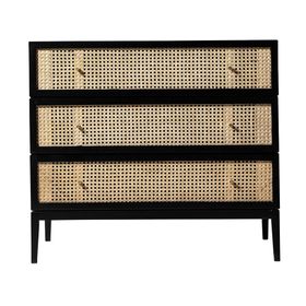 Swoon | Raphia | Three-Drawer Chest Of Drawers | Mid-Century Modern Style | Black | Mango Wood | Natural Rattan & Brass