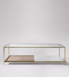 Swoon Lero Mid Century Coffee Table in Sandblasted Grey Mango Wood, Brass & White Marble Stone - Clear