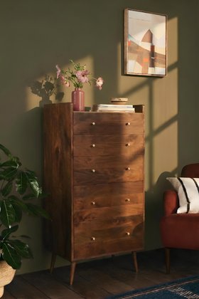 Fresco Light Brown Mango Wood & Brass Five-drawer Tallboy Chest of Drawers