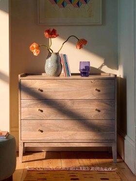 Newham Natural Oak-Stained Mango Wood & Brass Three Drawer Chest of Drawers