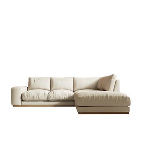 Denver Right-Hand Ecru Plain Fabric Corner Sofa With Light Wood Plinth