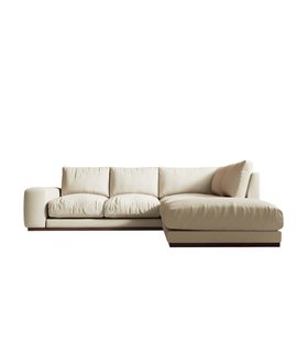 Denver Right-Hand Ecru Plain Fabric Corner Sofa With Dark Wood Plinth