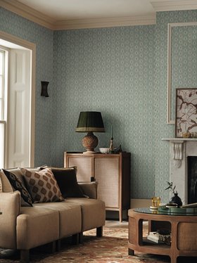 Living Room Lifestyle, Ocellus Wallpaper Seafoam