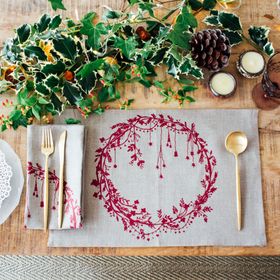 Christmas Placemats in Natural Linen With Red Wreath Design (Set of Two)