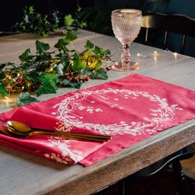 Christmas Placemats (Set of Two) in Raspberry Red Linen with Wreath Design