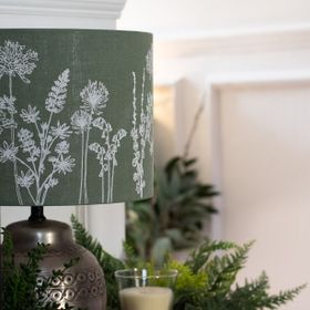 Sage Green Linen Floral Drum Lampshade from the Garden Collection by Helen Round