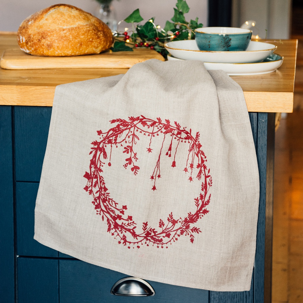 Christmas Tea  Towel in Natural Linen with Red Wreath