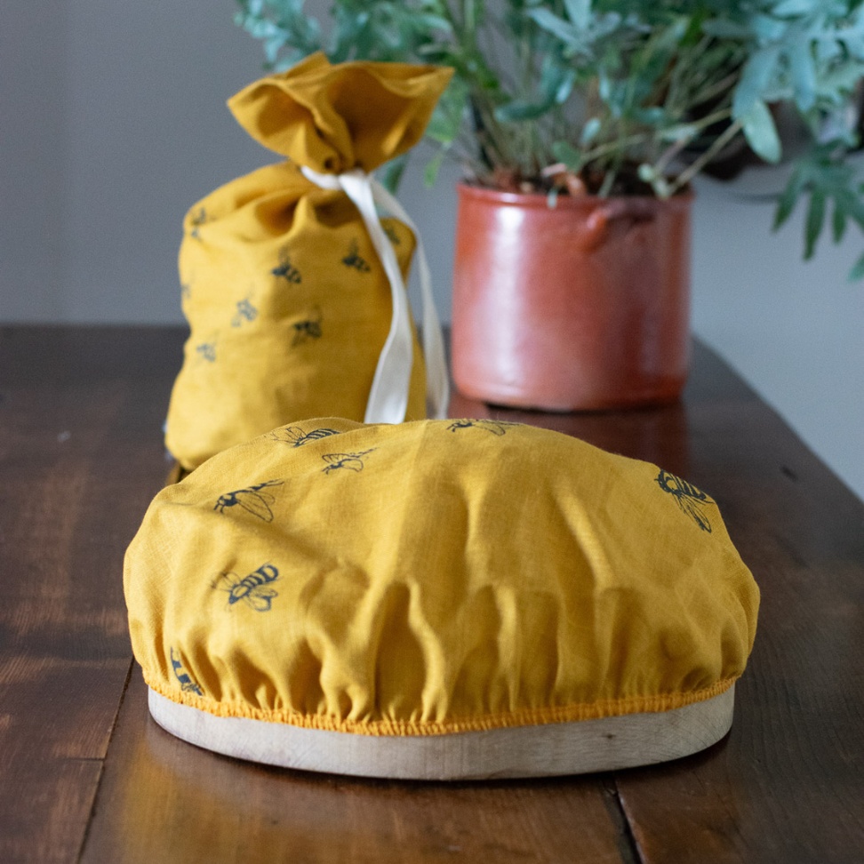 Large Bee Bowl Cover in Mustard Linen from the Honey Bee Collection by Helen Round