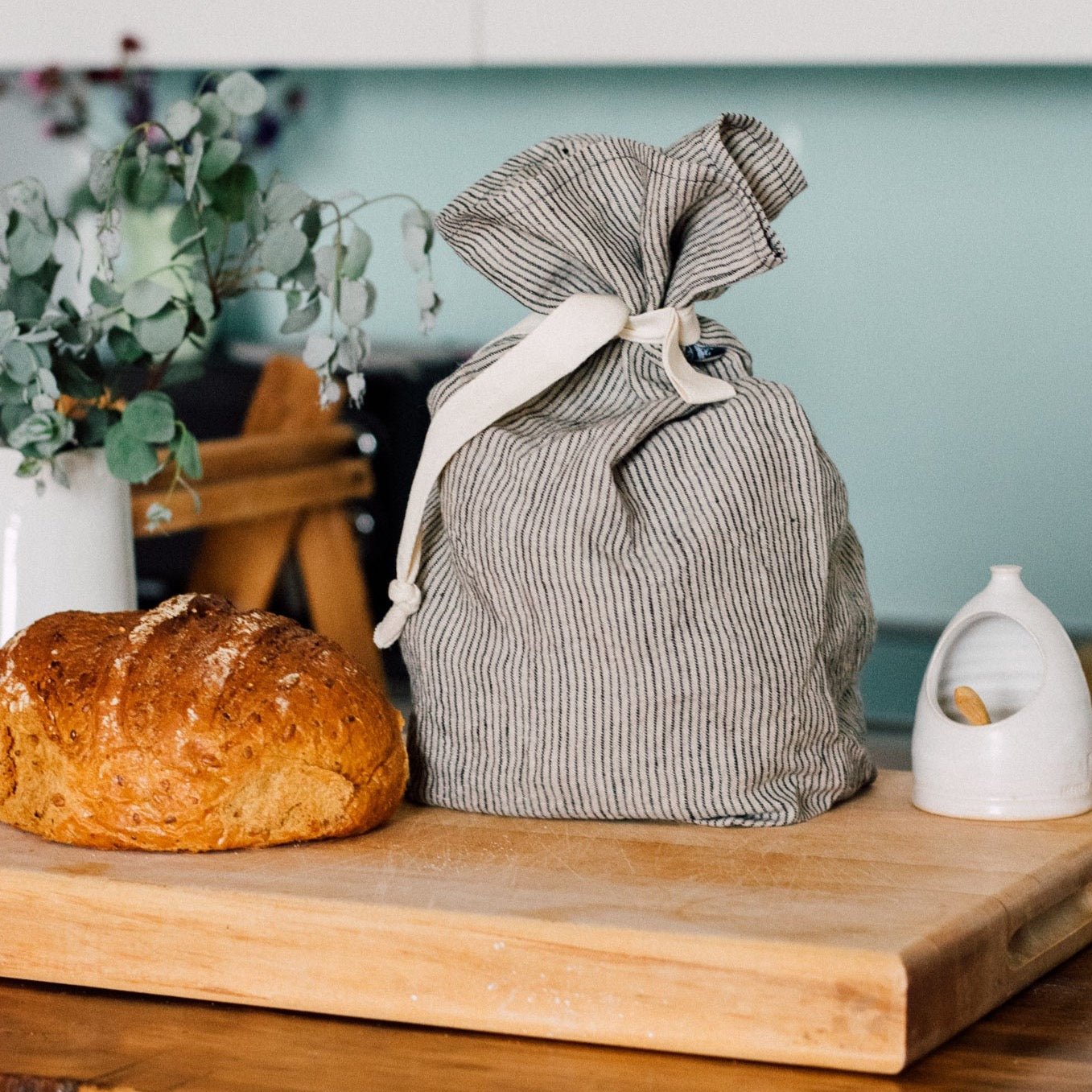 Striped Dark Blue/Natural Linen Bread Bag