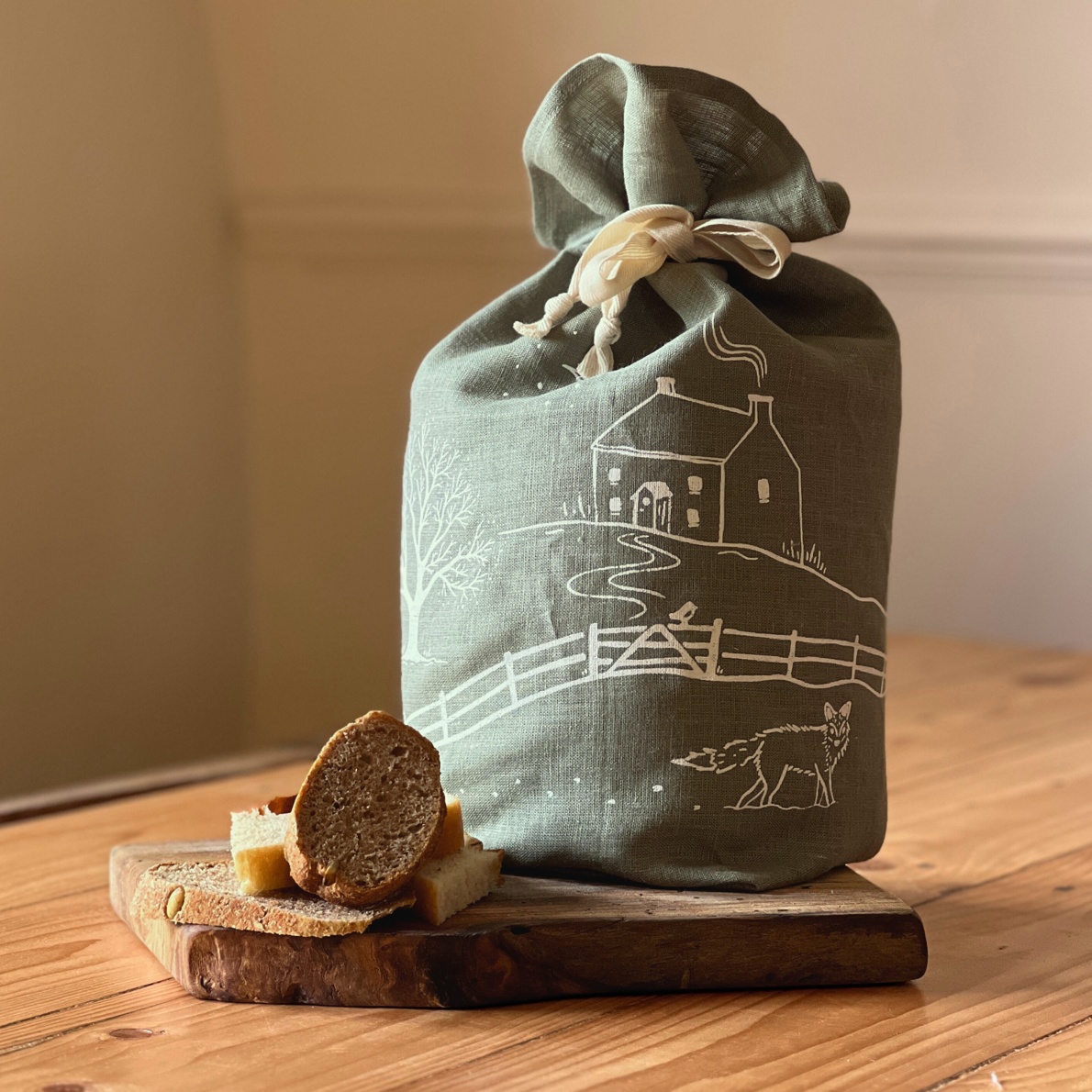 Winter Fox Sage Green Linen Bread Bag