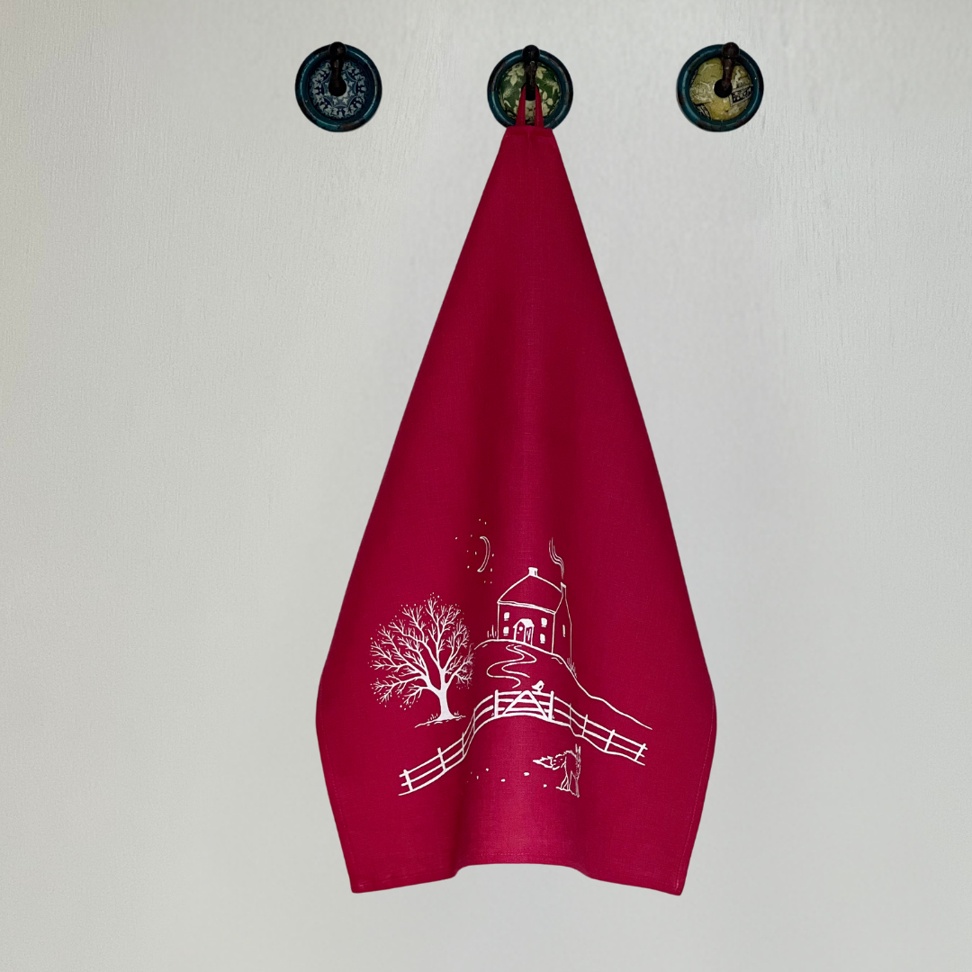 Winter Fox Raspberry Red Linen Tea Towel