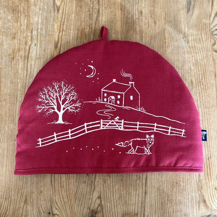 Winter Fox Raspberry Red Linen Tea Cosy