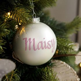 Pearl Glass Bauble With Pink Glitter Calligraphy